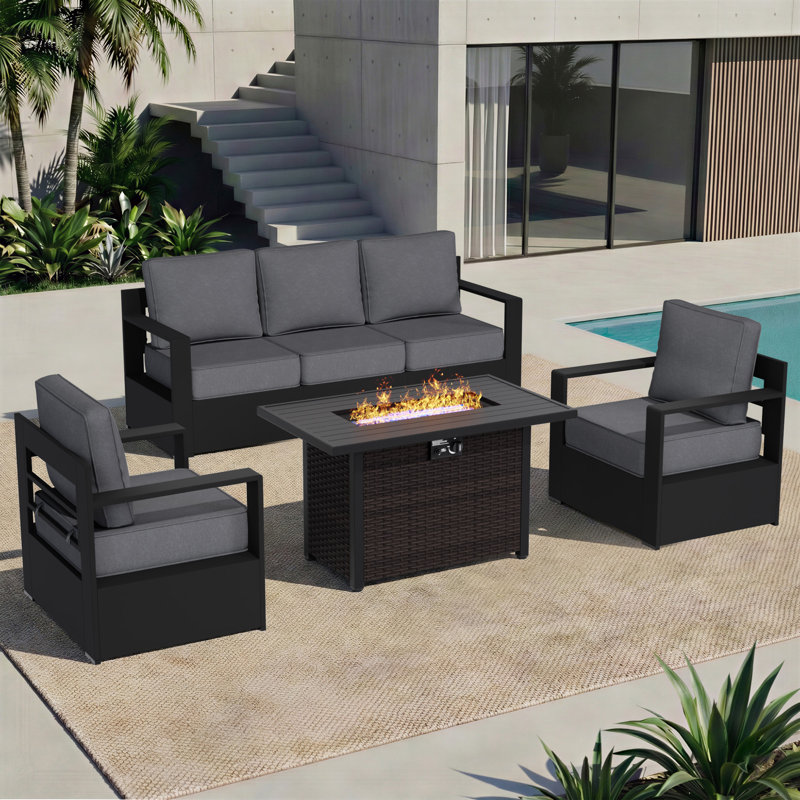 5-Piece Aluminum & Iron Outdoor Lounge Set with Plush Cushions and Convertible Fire Pit Table, Black/Brown, Gray