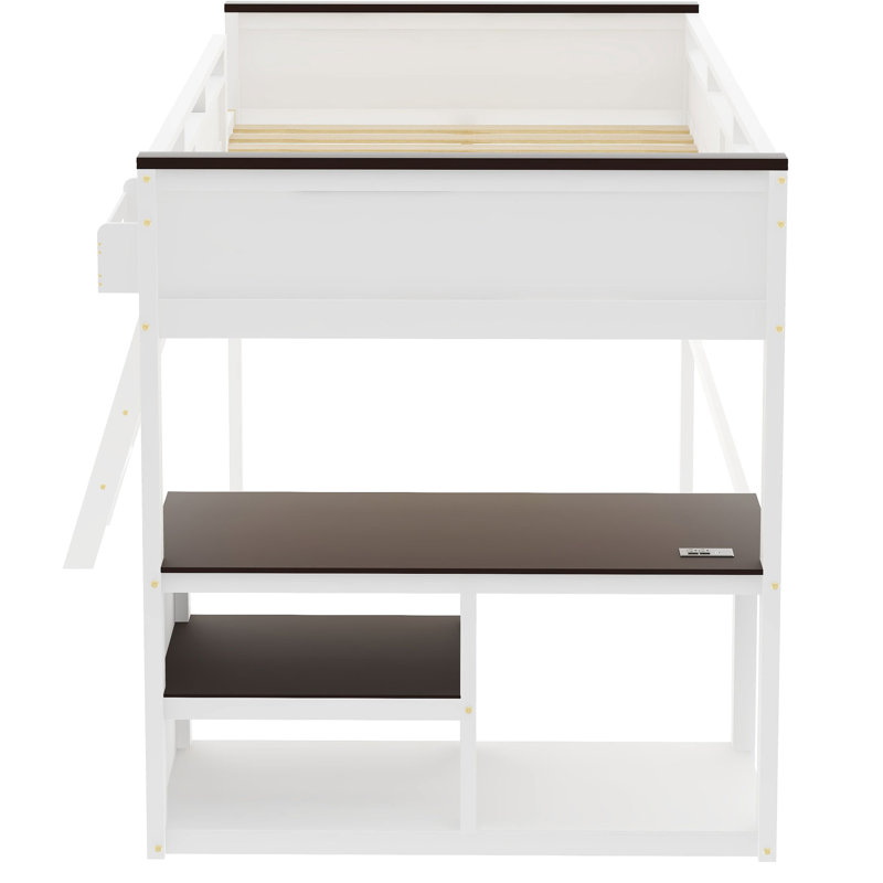 Grand lit mezzanine blanc avec bureau, compartiments de rangement et une tablette ouverte -, caractéristiques, espace spacieux
