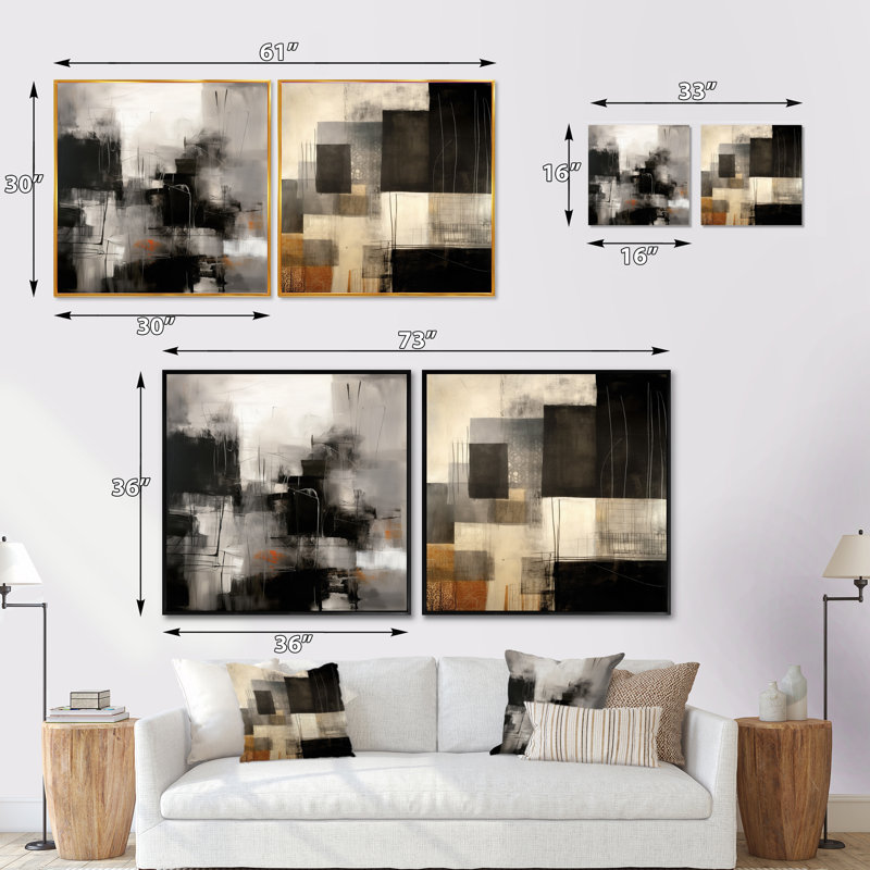 Ensemble de 2 collages carrés noirs Mid Century Fusion - Mid-Century, Toile tendue, H 16 po x l 33 po