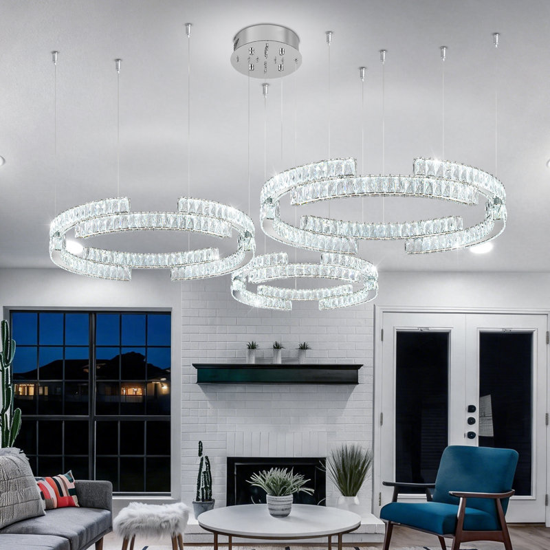 Lustre moderne rond à 3 anneaux en cristal argenté, suspension DEL à intensité variable, diamètre 32 po + 24 po + 16 po