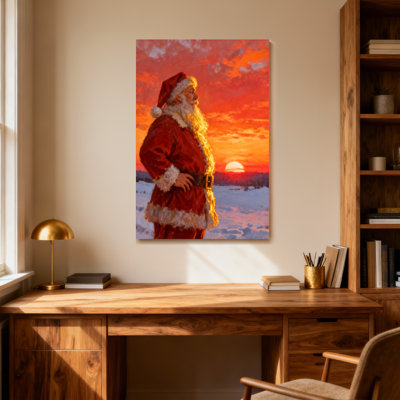 Christmas Santa Claus At Sunset Snowy Landscape