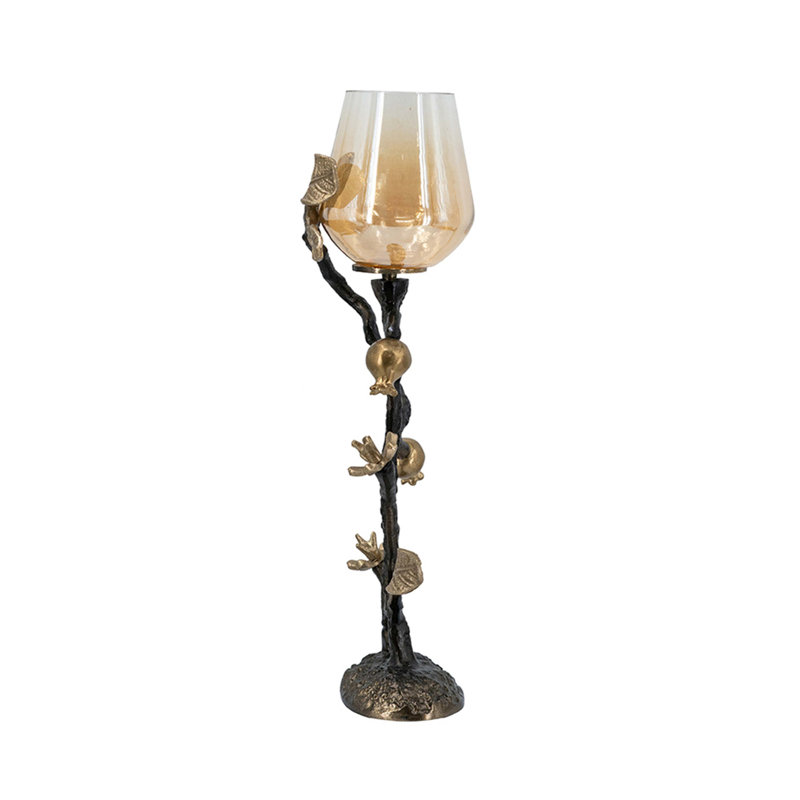 D5.1X17" Decorative Votive Candle Holder With Black And Antique Gold Floral Vine Design