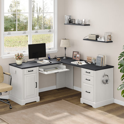 Bureau de direction en forme de L de 63 po avec huche et plateau à clavier Buckhorn, bureau d'ordinateur d'angle avec tiroirs à dossiers et classeurs