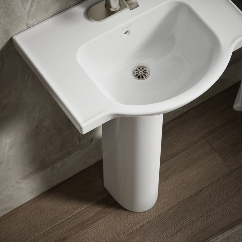 Veer Ceramic Pedestal Bathroom Sink with Overflow, White, 7.99" H x 24" L x 18.25" W, 4" Centers