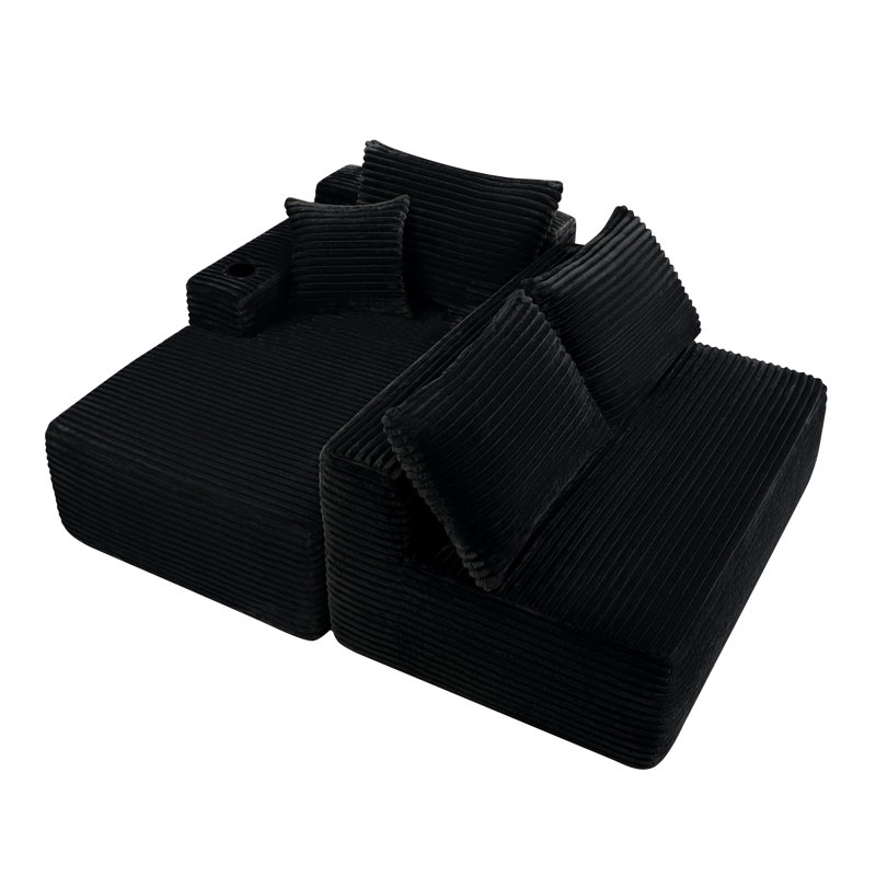 Canapé modulaire 96 po avec méridienne en L 96 po, canapé modulaire moderne avec assise profonde, canapé rembourré pour la chambre à coucher du salon, aucun assemblage requis et porte-gobelet, (tissu moelleux), noir