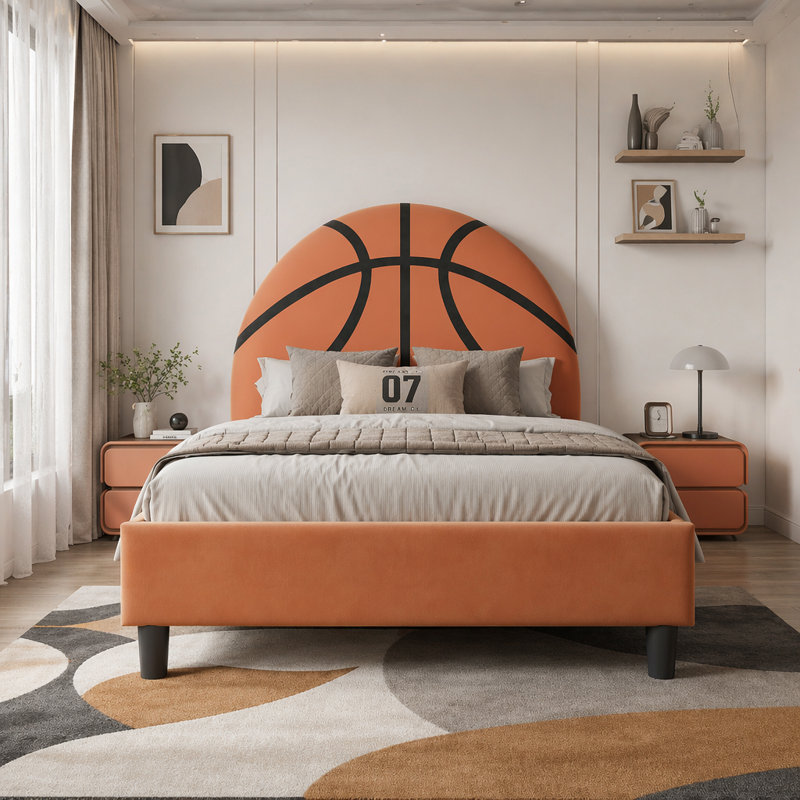 Lit plateforme tapissier simple pour enfants, Sans garde-corps, Orange
