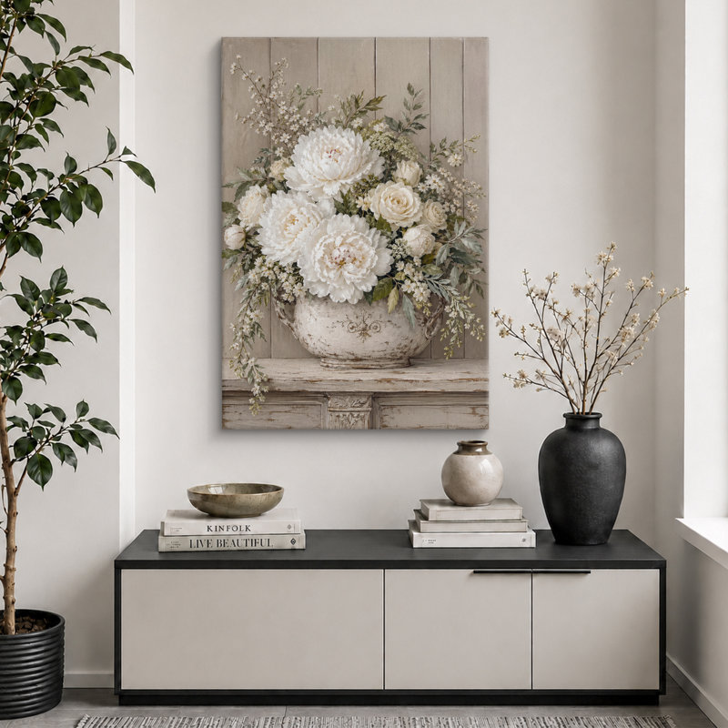 Œuvre crème pivoine crème dans une urne rustique, images de chambre à coucher, impression sur toile encadrée, Wrapped Canvas