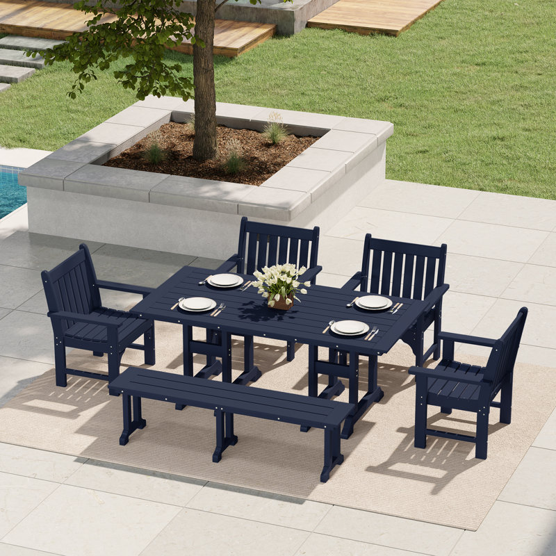 Laguna Poly 6-Piece Rectangular Table Garden Arm Chair Dining Set With Bench, Navy