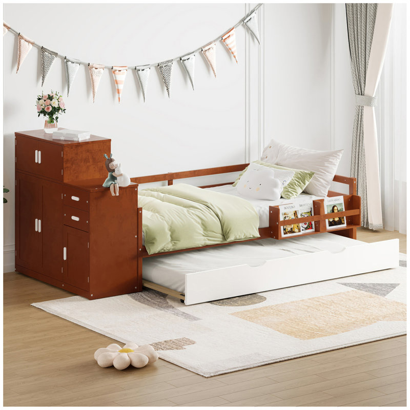 Lit plateforme simple en bois avec bibliothèque pour échantillon et garde-robe mobile, lit multifonctionnel avec lit gigogne intégré