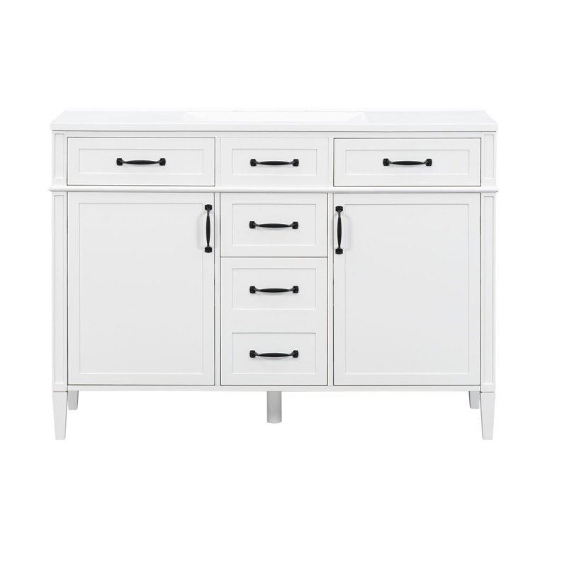 Meuble-lavabo moderne autoportant de 122 cm (48 po), meuble-lavabo composite avec 4 tiroirs, 2 portes et étagères réglables
