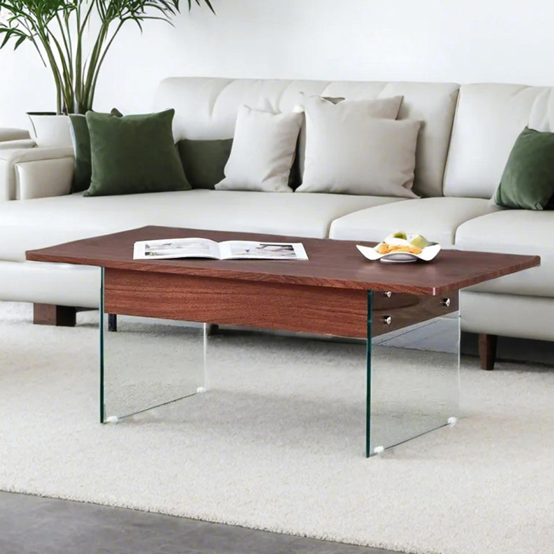 Table basse à plateau relevable multifonctionnel avec motif en marbre et pieds en verre trempé, design moderne pour le salon et le bureau