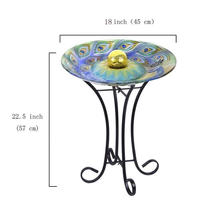  Solar Orb Peacock Glass Bird Bath with Stand