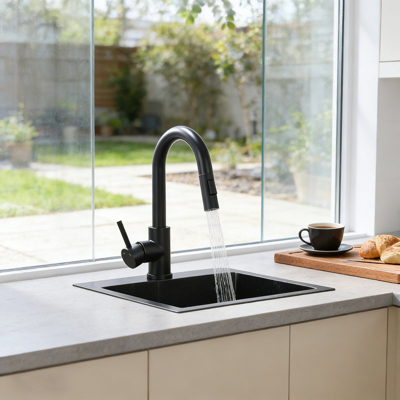 Robinet de cuisine moderne à poignée simple avec douchette extractible, Noir