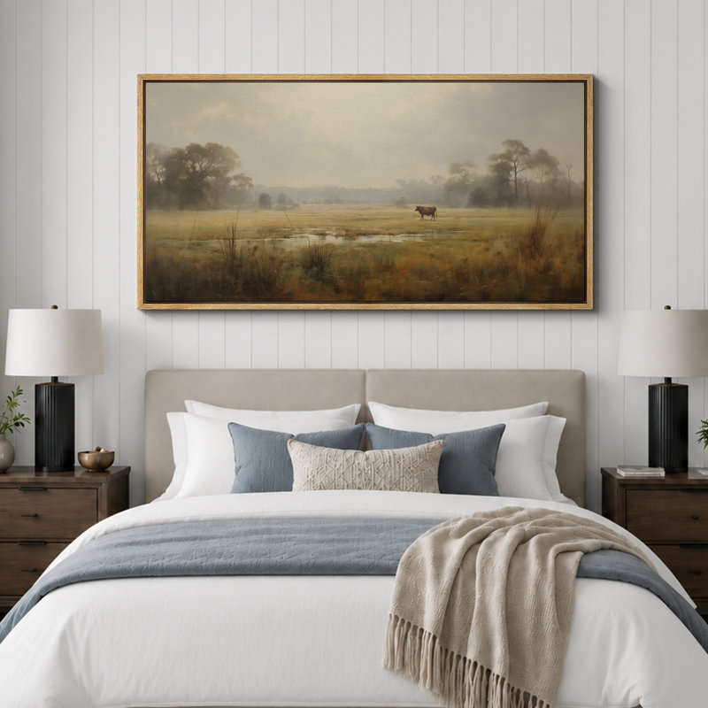 «Rustic Countryside Farm Landscape with Grazing Cow Vintage», reproduction d'art sur toile encadrée, H 30 po x l 60 po