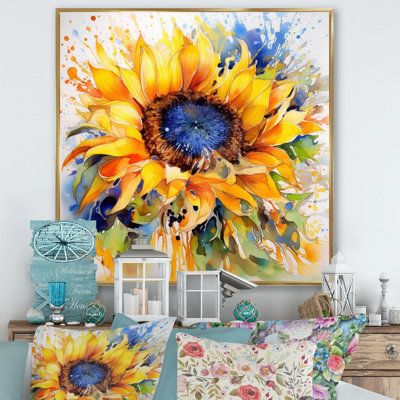 Yellow Blue Golden Cheerful Sunflowers - Floral Wall Art