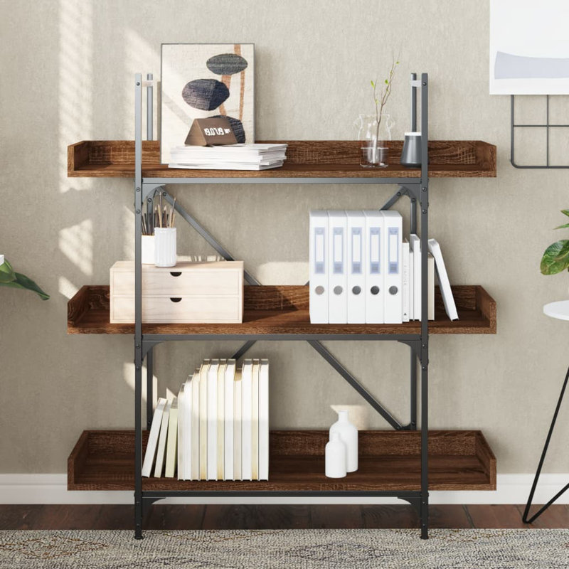 Sandre 100cm W Metal Bookcase, (3 Shelves) 108.5cm H x 100cm W x 33cm D, Brown Oak