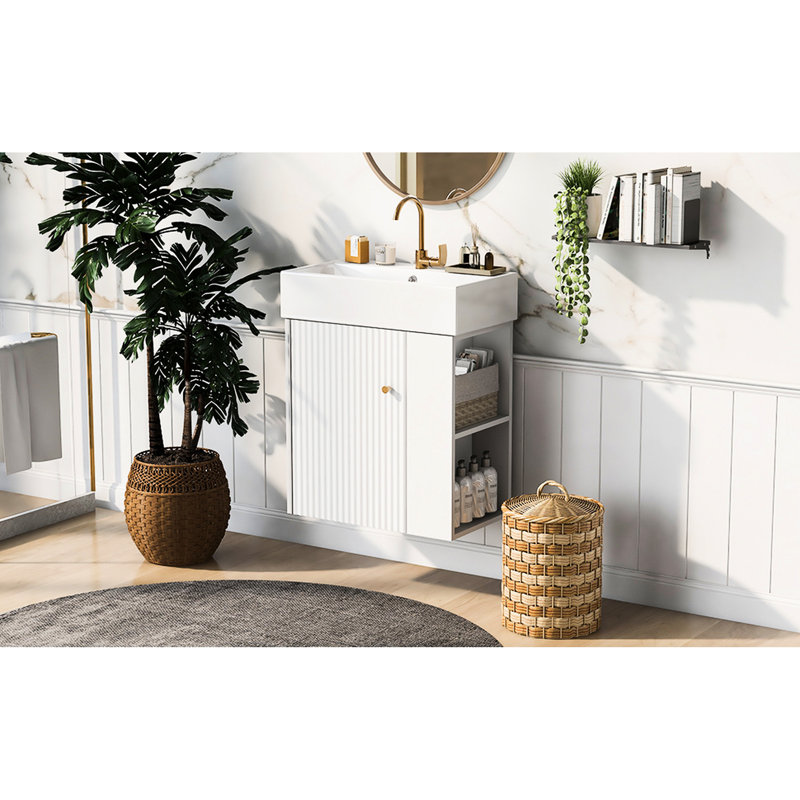 Armoire de salle de bain avec lavabo en céramique 21,6 pouces - Rangement à droite, moderne, meuble-lavabo flottant, style moderne pour les petites salles de bain
