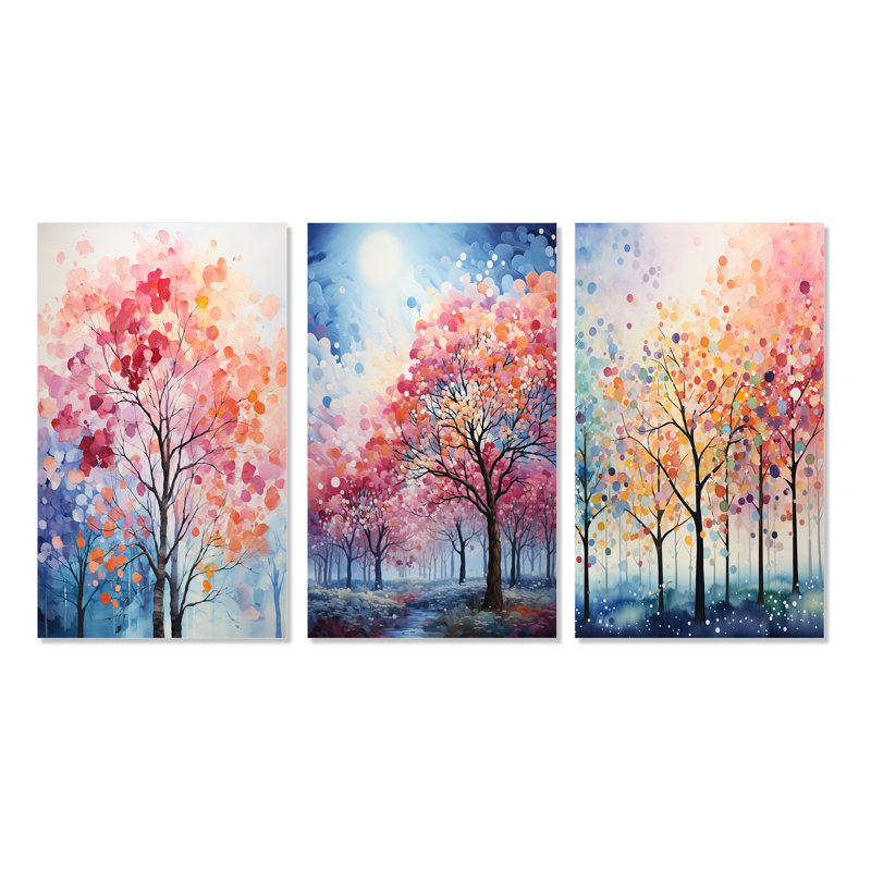 «Pink and Blue Trees Field Pointillism III», 3 pièces sur toile, Toile tendue, H 32 po x l 48 po