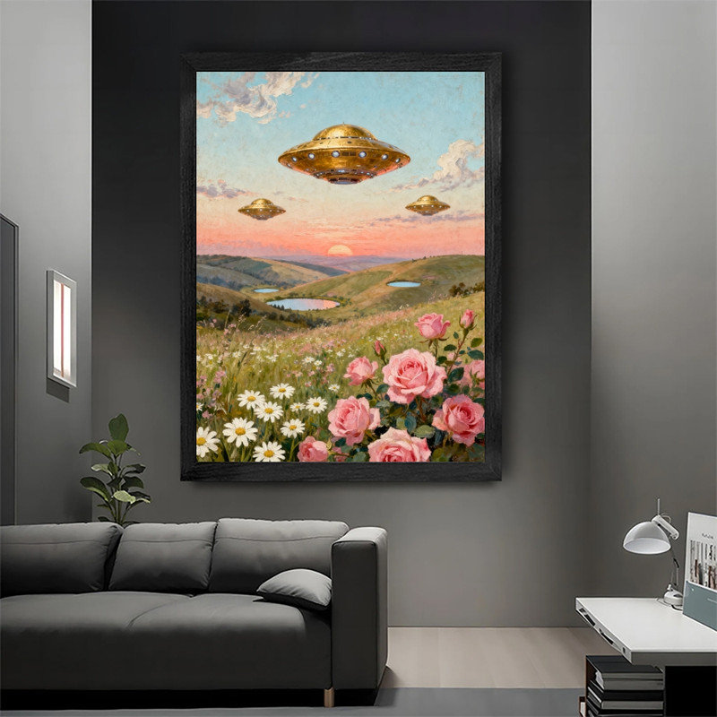 OVNI rétro et art mural noir, reproduction de paysage rétro surréel, H 11 po x l 9 po