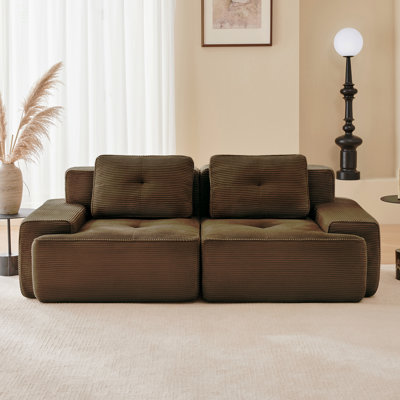 Canapé modulaire en L de 82 po pour salon modulaire en tissu velours côtelé de 82 po avec assise profonde, passepoil perlé, conception capitonnée, sans assemblage, conception antidérapante, brun
