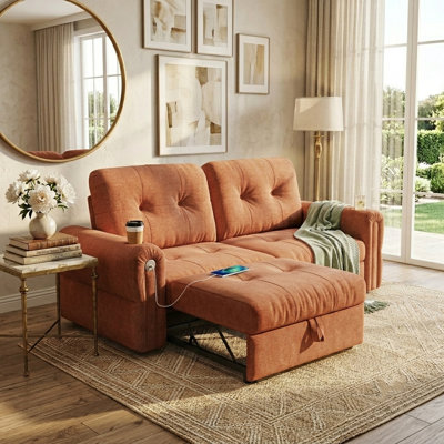 Canapé-lit convertible 77 po avec porte-gobelet USB pour lit escamotable 77 po, canapé-lit en chenille 2 en 1 pour salon, chambre à coucher, petits espaces, orange