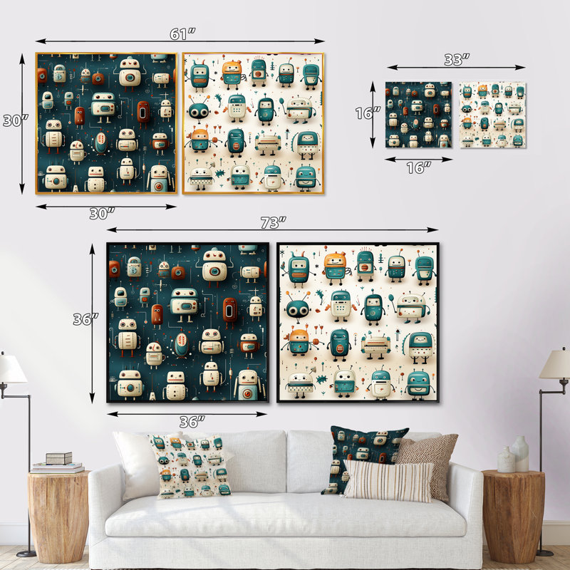 Robot Robot For Teens Betroom - Ensemble de 2 collages fantastiques, Cadre flottant doré, H 30 po x l 61 po