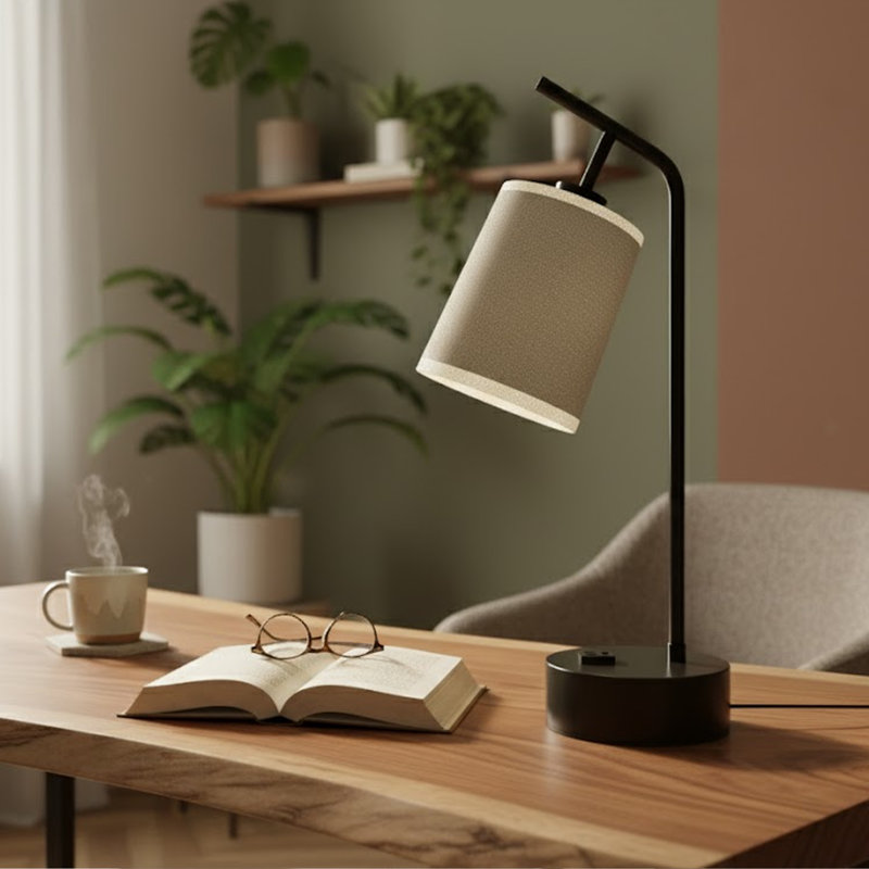 25" Industrial Table Lamp with Fabric Shade Simplicity Reading Lamps for Bedside Table, Living Room, Study Room with Switch & 1 Socket, Finish/color- black & white