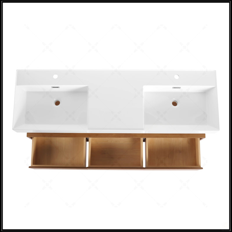 Meuble-lavabo mural de 60 po avec lavabo en résine, tiroir à fermeture en douceur et design flottant pour une élégance moderne