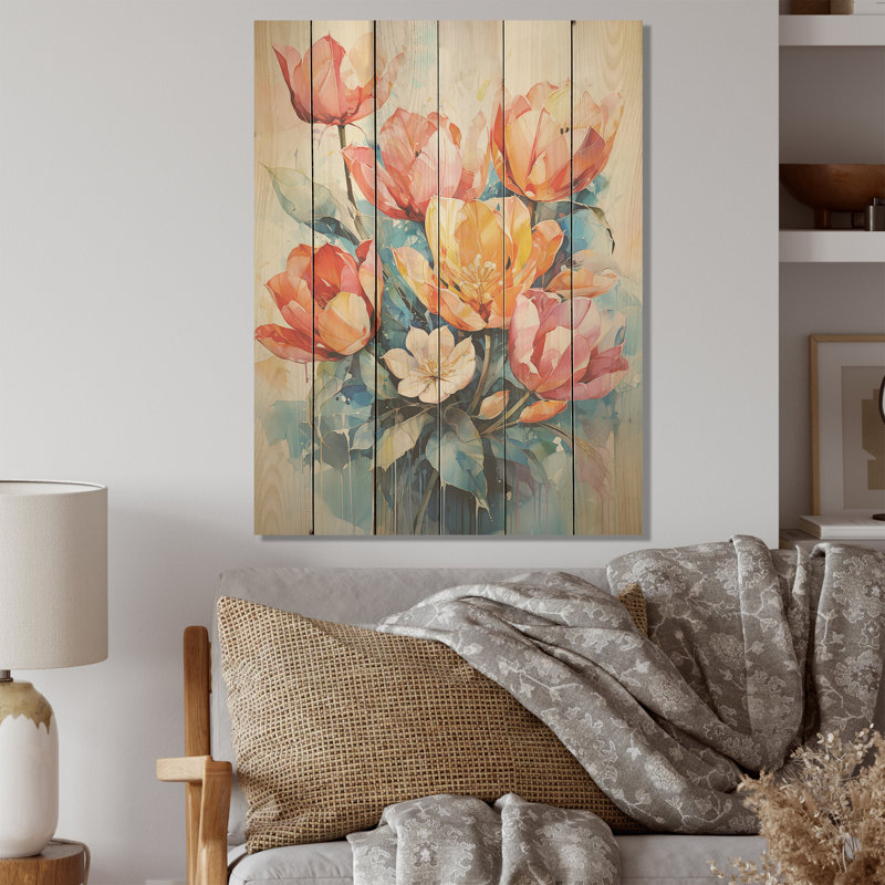 Tulipes peintes aux tons éclatants et au pinceau audacieux - Tulipes, art mural sur bois de pin naturel, H 40 po x l 30 po