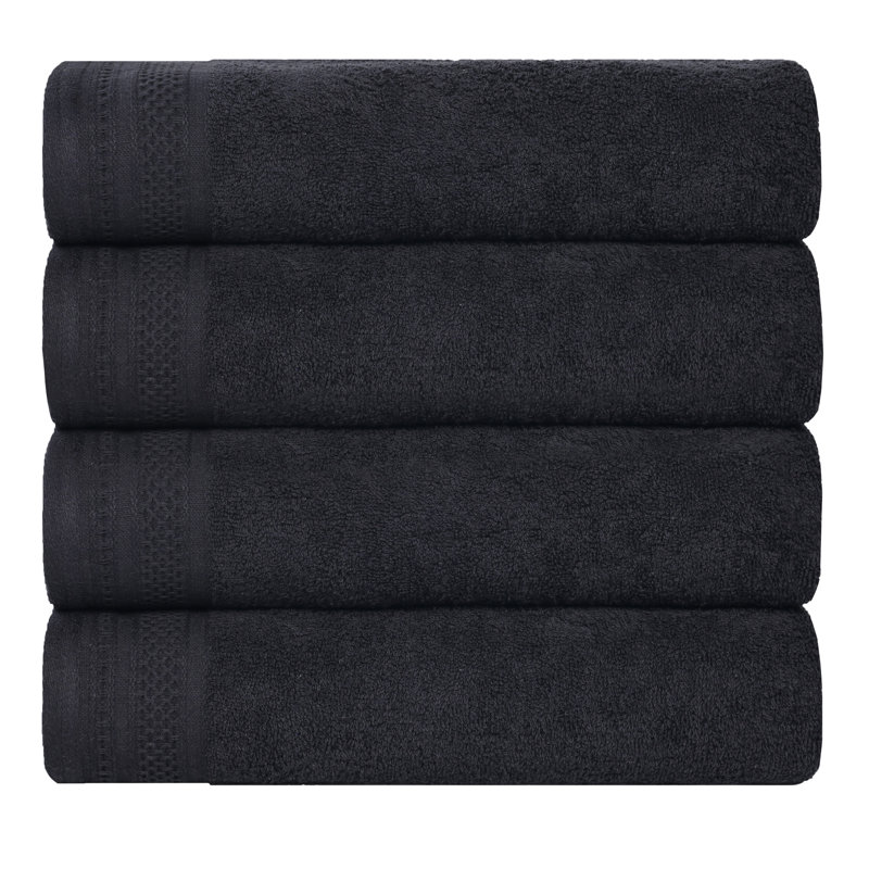 Honeycomb Textured Waffle Border Cotton Medium Weight Bath Towels, Black