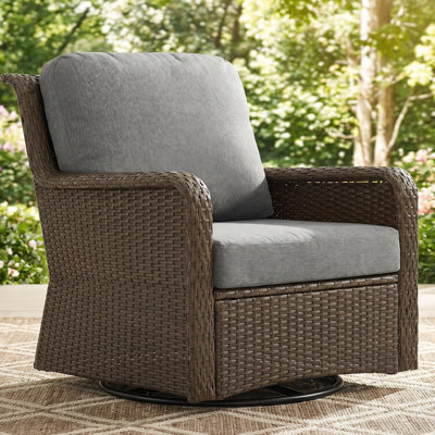 Outdoor Swivel Wicker Lounge Chair with Thicked Gray Cushions and Iron Frame
