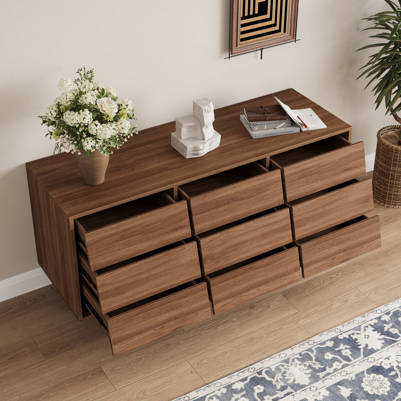 Armoire latérale 59 po avec tiroirs inclinés de style noyer, luxe moderne avec rangement multicouche, convient au salon et à la salle à manger