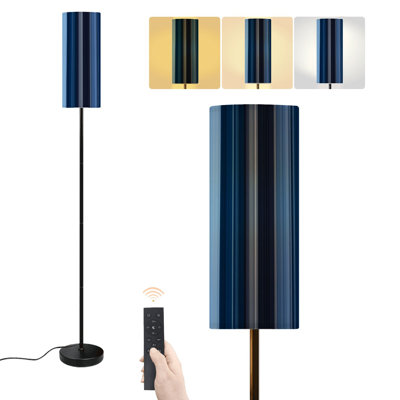 Lampadaire moderne à rayures bleues et blanches, style océan, vertical, géométrique et abstrait, avec variateur et télécommande/interrupteur au pied. Abat-jour sur pied. Parfait pour le salon, la chambre ou le bureau.