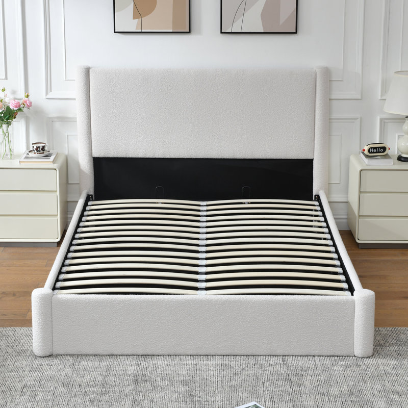 Braya Luxury Boucle Hydraulic Lift Up Storage Upholstered Platform Bed With Rounded Bolster Design,White,Queen, Boucle White