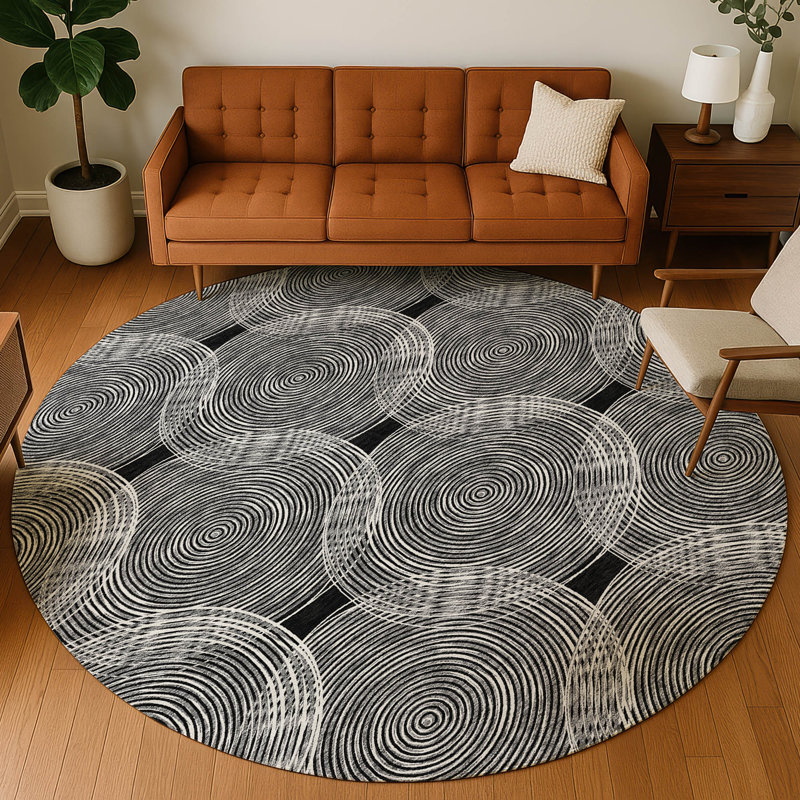Machine Washable Indoor/Outdoor Chantille ACN2534 Geometric Rug, Round 8', Black