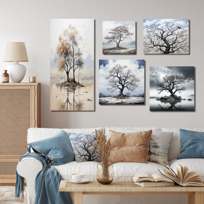 Subtile élégance de l'arbre monochrome I - ensemble de 5 impressions sur toile monochromes