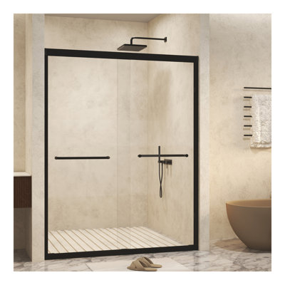 Verre trempé avec film antidéflagrant, porte de douche coulissante double en aluminium, 1/4 po (6 mm), poignée en acier inoxydable, noir mat