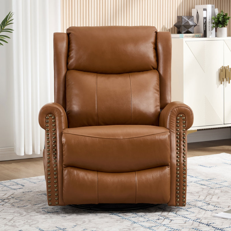34.8"W Genuine Leather Manual Swivel Rocker Recliner Vintage Recliner With Heated Massage, Orange-reddish brown