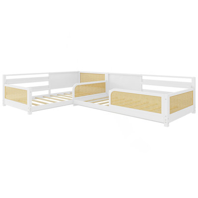 L-Shaped Twin Bed Frame for 2 Kids, Convertible Detachable Beds with Whiteboards, Rattan Kids Bed with Bookshelves & Lights