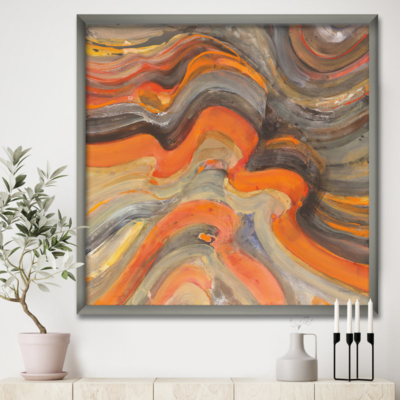" Abstract Gilded Orange Waves ", 46" H x 46" W x 1.5" D, Silver Framed