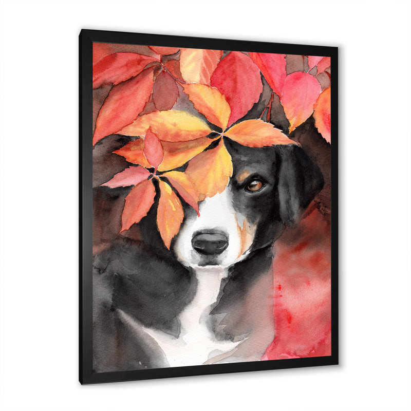 «Cute Black Dog in Autumn Leaves», peinture sur toile, Cadre noir, H 40 po x l 30 po