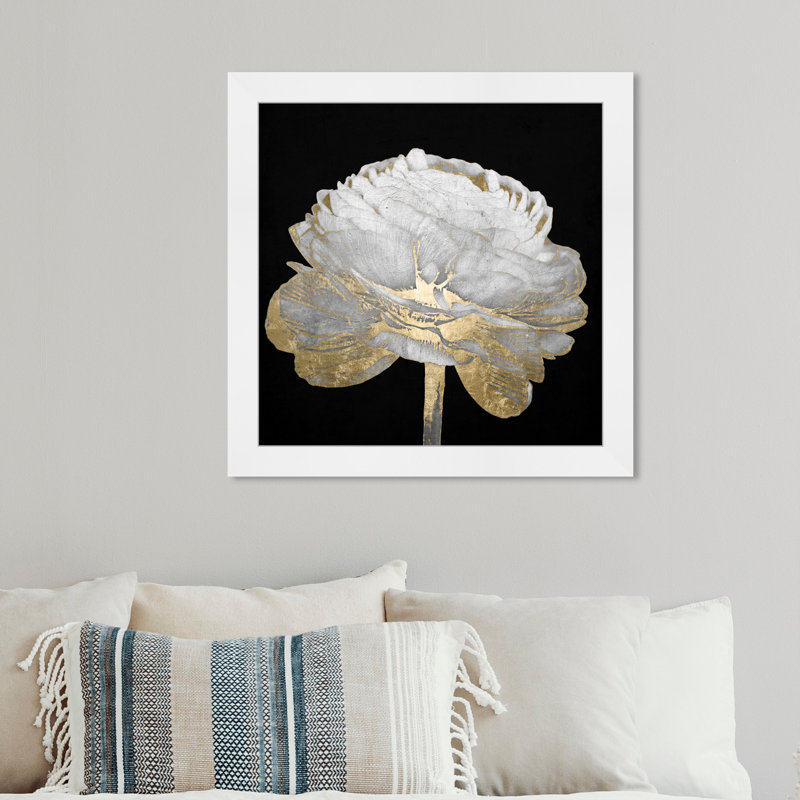 Or et lumière florale II - Peinture encadrée sur papier, H 14 po x l 14 po, Cadre blanc