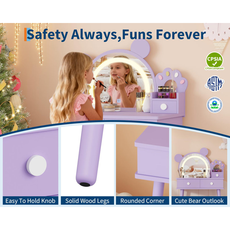  Bear-Shaped Vanity Set with Lights, Mirror & Stool, Wooden Dressing Table, Purple, Purple