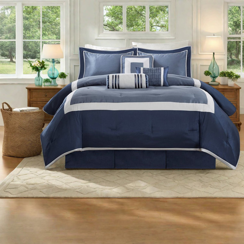 Ensemble de literie 7 pièces bleu marine, édredon en polyester hypoallergénique pour maison moderne