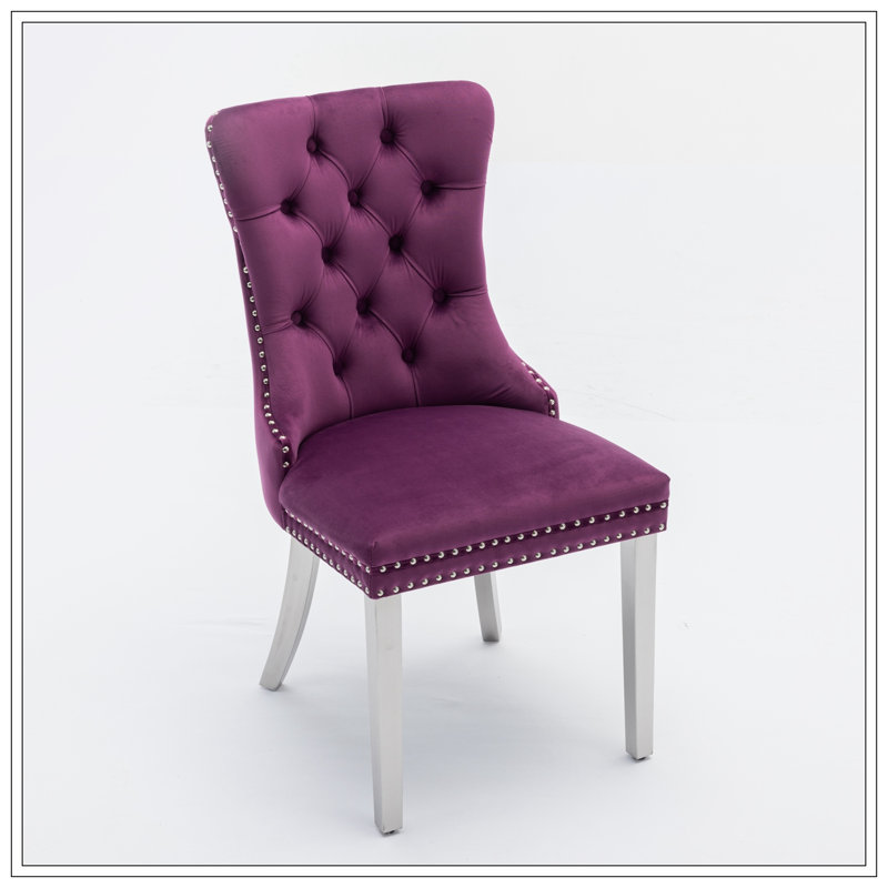 Modern Glam Velvet Upholstered Dining Chair with Pull Ring (Set of 2), Silver, Purple