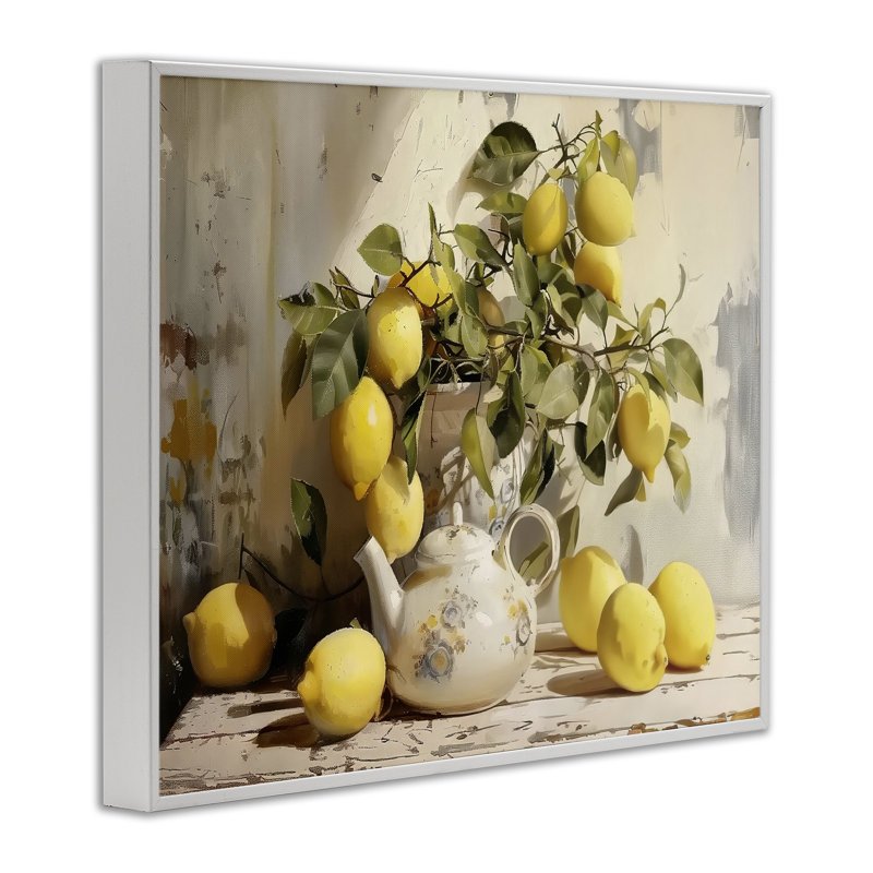 Lemon Still Life avec théière, estampe numérique, design par LSR Design Studio, 11 x 14, Coastal White Giclee Framed