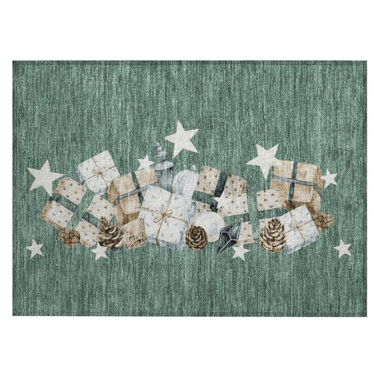 Machine Washable Indoor/Outdoor Christmas Presents Xhevrie Seafoam Rug