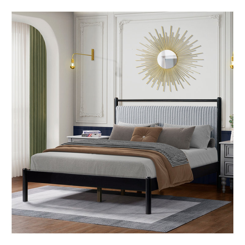 Structure de lit double en bois avec tête de lit moelleuse, cadre gris et noir, Lit double