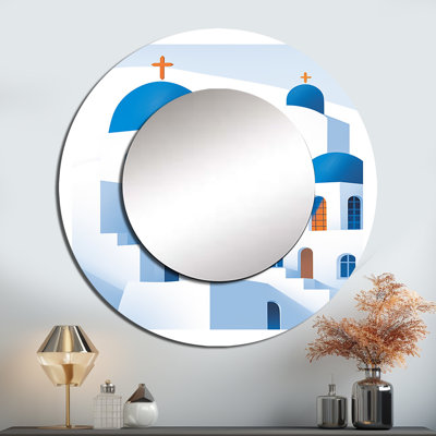 Greek Santorini Odyssey IV - Greece Unique Wall Mirror, Blue Round Mirror, Printed Metal Art