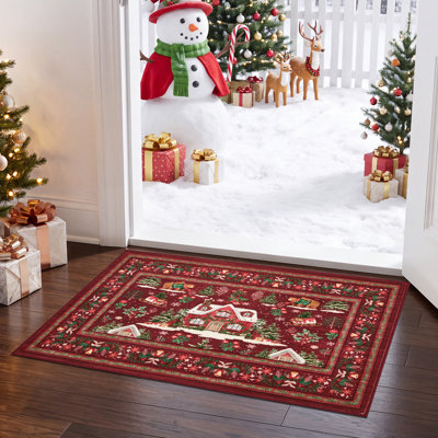 Tapis de Noël imprimé chalet en rondins, ours et rennes, en fausse laine avec envers en TPR